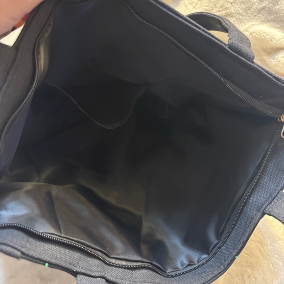 NEW Tote Bag Black Canvas Embroidered Floral Birds Purple Green Teal Zippered - Picture 11 of 16